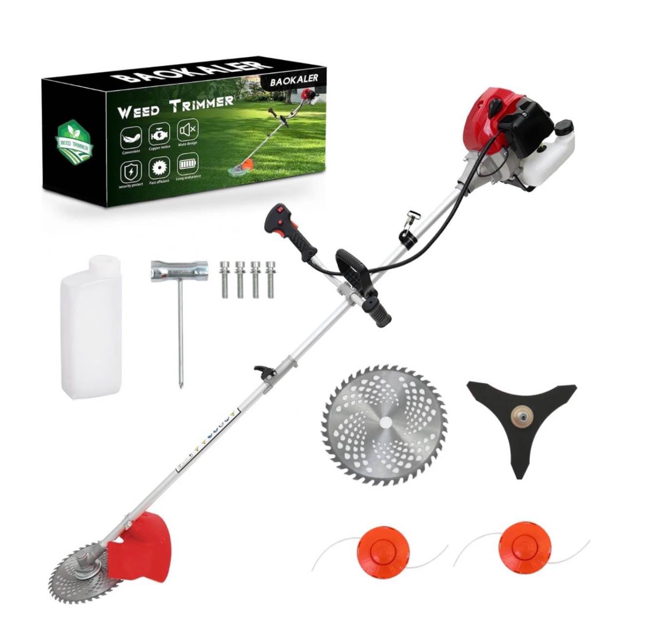 baokaler 52cc gasoline grass string trimmer  2-stroke gas powered weed eater  weed wacker with 4 detachable heads