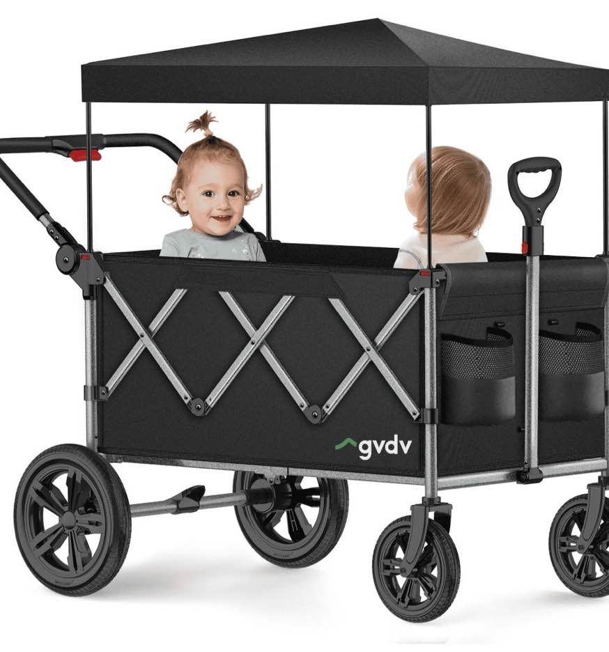 Condition photo showing Good Condition for gvdv kids stroller wagon, 3-in-1 collapsible double toddler wagon, all-terrain baby stroller wagon with canopy, 5-point harness & adjustable handle, black
