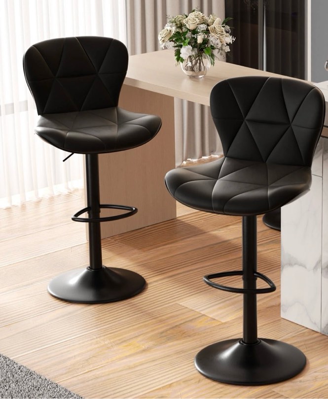 Hawsaiy Modern Bar Stools Set of 2, Adjustable Faux Leather Upholstered Swivel Bar Stools, Counter Height Bar Chairs with Back for Kitchen Island, Black