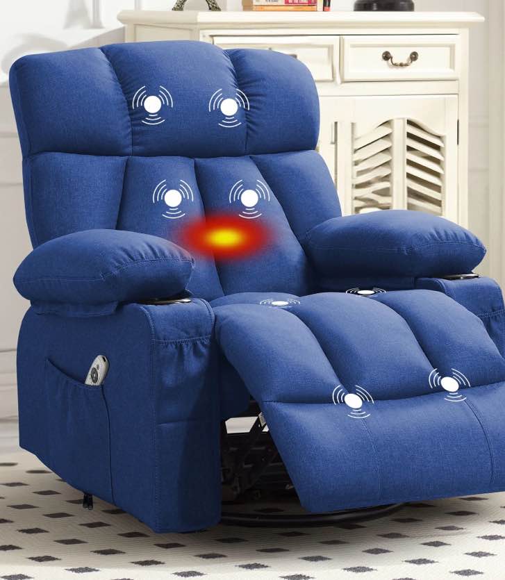 JONPONY Massage Rocker Recliner Chair with Vibration Massage and Heat Ergonomic Lounge Chair for Living Room with Rocking Function and Side Pocket, 2 Cup Holders, USB Charge Port,Blue