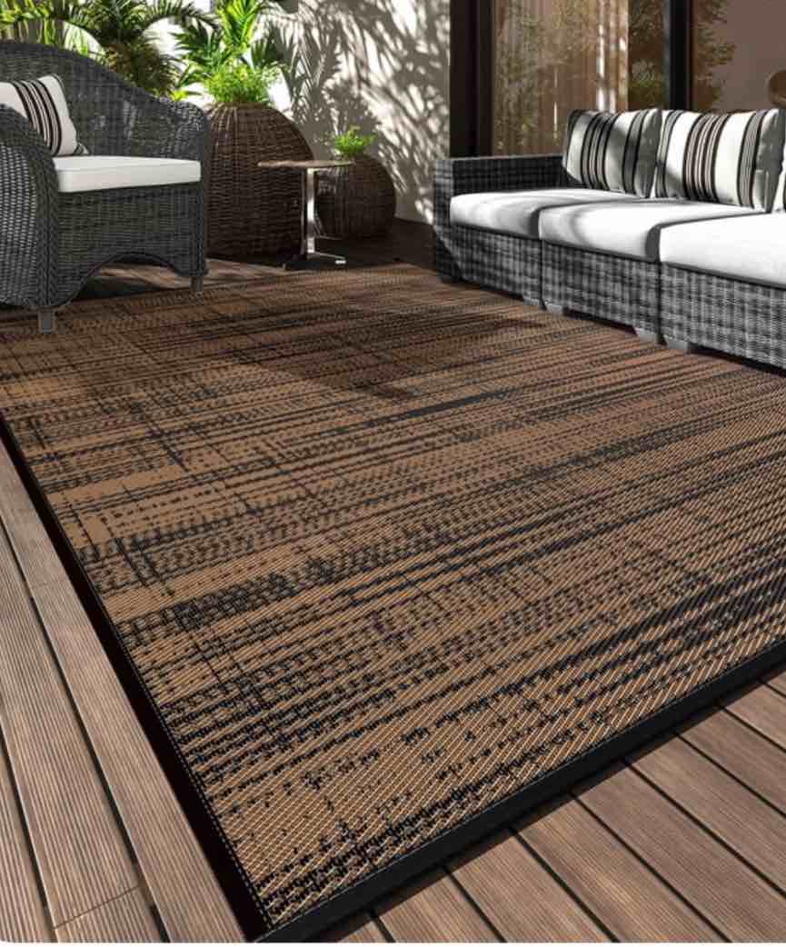 vunate outdoor rug carpet 9 x12  waterproof reversible patio rug portable modern abstract indoor outdoor rug plastic straw rug for rv camping garden picnic deck backyard porch decor black and brown