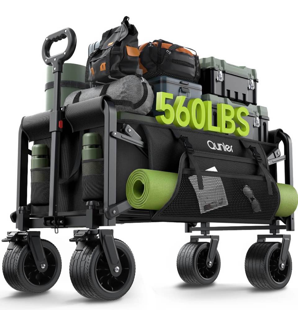 qunler 560lbs large collapsible folding wagon with oversized tank wheels, heavy duty big bucket utility garden cart with side pocket for sports, shopping, camping, kids, black