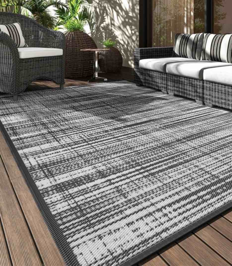 vunate outdoor rug carpet 10 x14  waterproof reversible patio rug portable modern abstract indoor outdoor rug plastic straw rug for rv camping garden picnic deck backyard porch decor gray and white