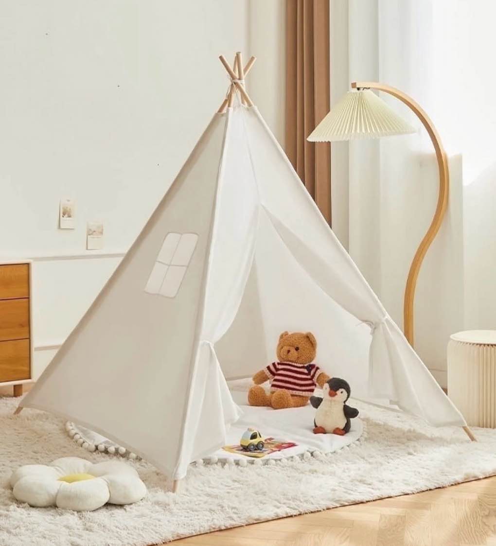 koppop kids teepee play tent - natural cotton canvas foldable indoor/outdoor playhouse for toddlers ages 2-6 (white, boys & girls).