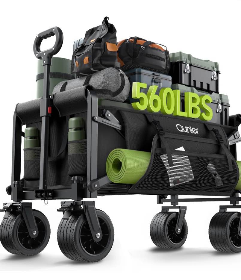 qunler 560lbs large collapsible folding wagon with oversized tank wheels, heavy duty big bucket utility garden cart with side pocket for sports, shopping, camping, kids, black