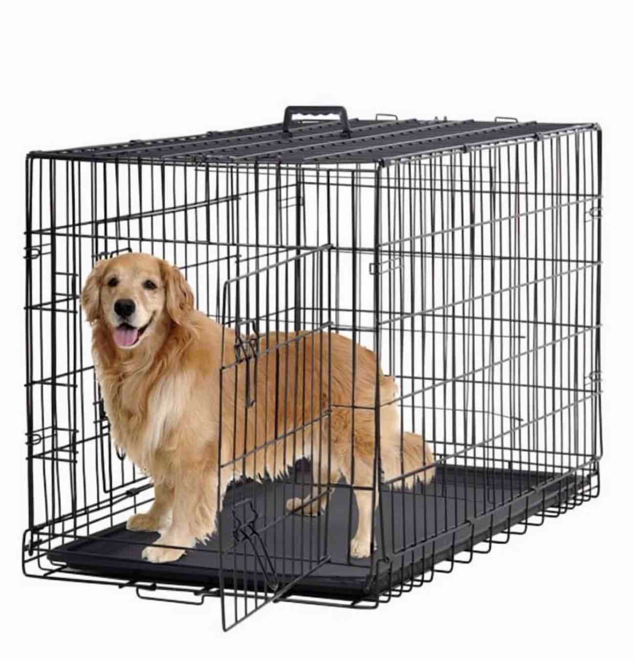bestpet 48 inch foldable metal dog crate for large dogs double door divider removable tray(black)