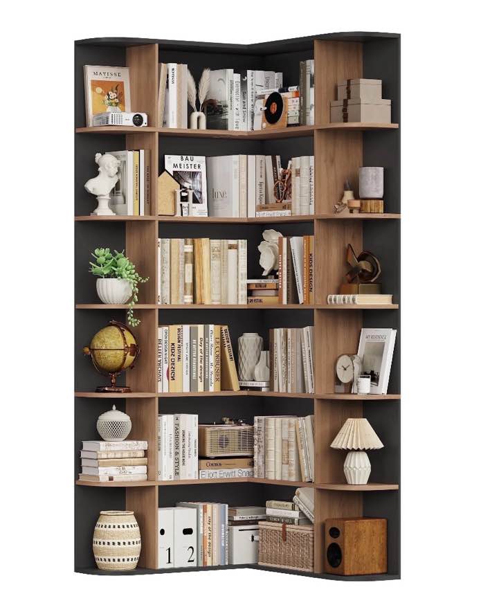 homfa 73.9” tall corner bookcase, 6 tier l-shaped large display bookshelf with curved edges for living room home office study, black & oak