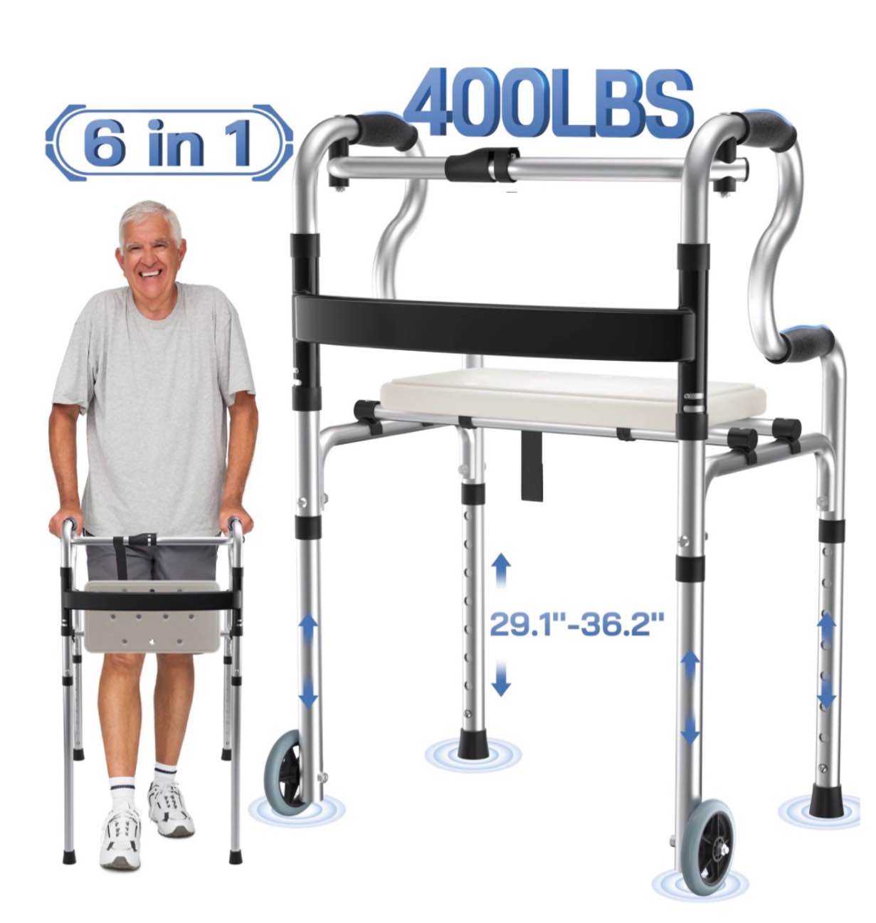 reloive 3-in-1 folding rolling walker with 5" wheels | adjustable height (29.1"-36.2") for seniors & adults | lightweight foldable walker | supports up to 400 lbs