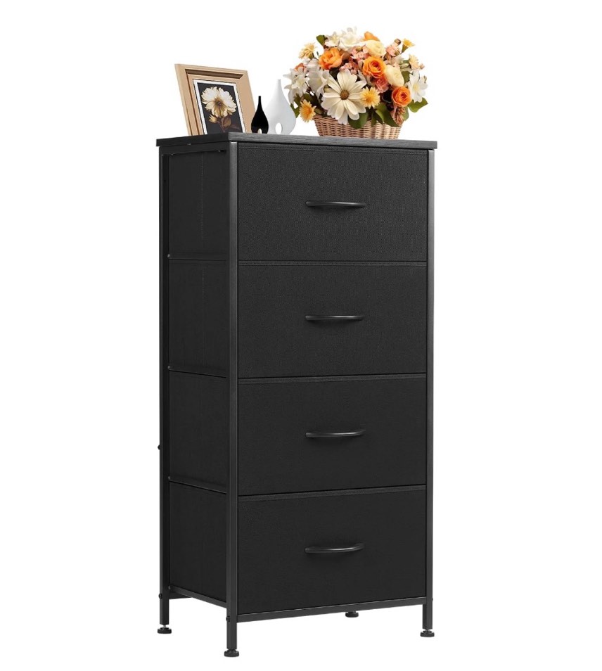 concetta 4 drawer dresser, wide chest drawers nightstand storage tower storage fabric dresser with wood top for living room, bedroom, closet, black