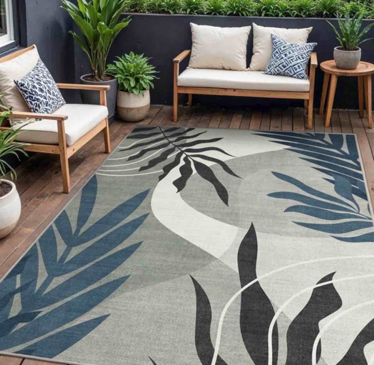 deorab outdoor rug 8 x10  chenille patio rug three-layer material imitation silicone spot molding camping outside rv mat blue&grey