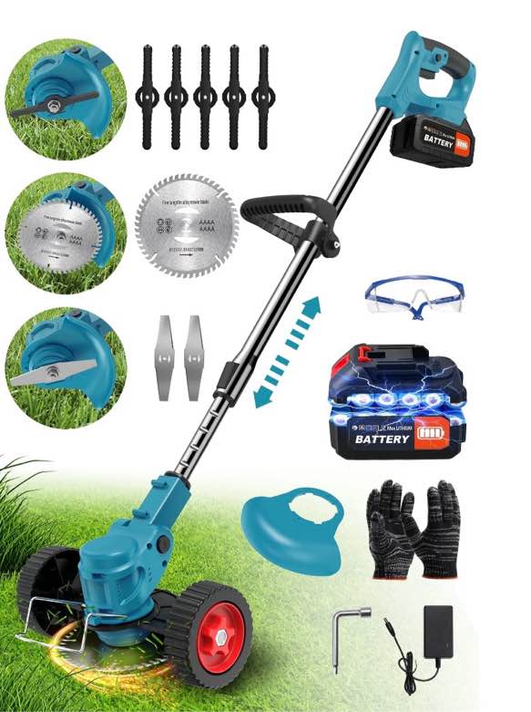 tntants weed wacker cordless, 3-in-1 lightweight electric string trimmer with 3 types of blades, wheels, 24v battery, weed eater grass trimmer/edger/brush cutter for lawn yard garden (blue)
