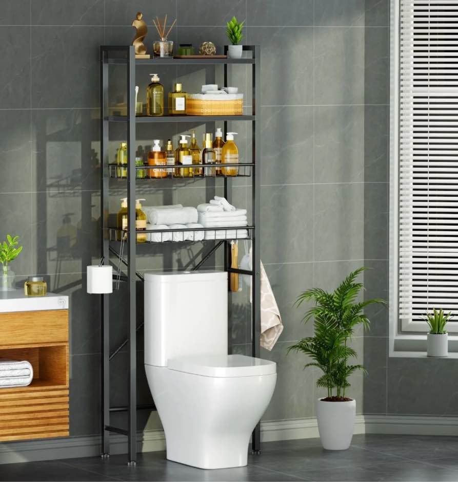 capri over the toilet storage, 4-tier freestanding bathroom shelf, above toilet space saver rack, black