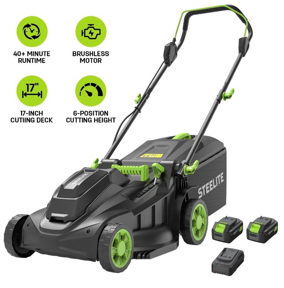 Steelite 17-Inch Cordless Lawn Mower, 2x21v Electric Lawn Mowers With Brushless Motor For Garden,2*4.0ah Battery & Charger Included