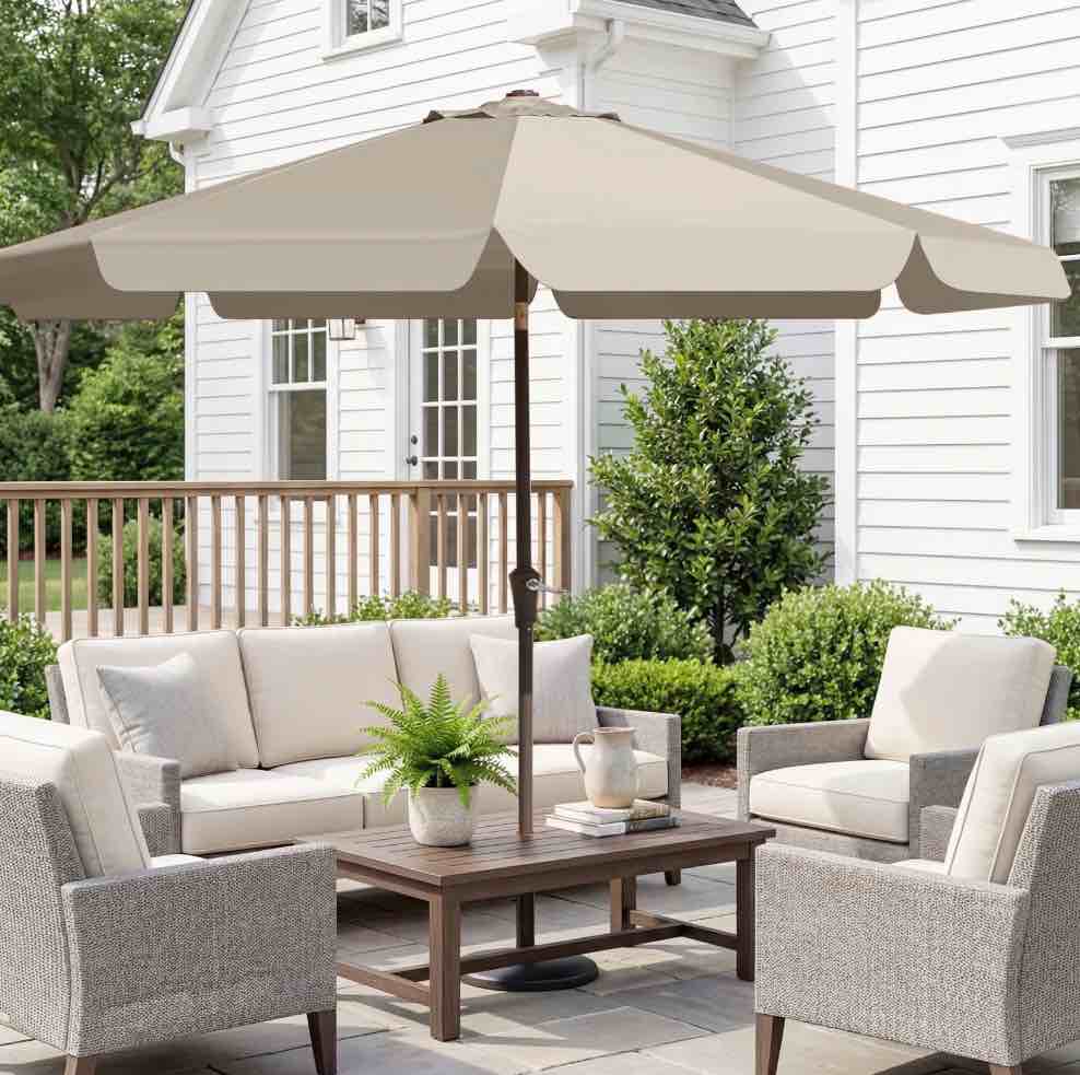 FUNDAZE 9ft Outdoor Patio Umbrella with Tilt & Crank, Heavy Duty Round Sun Umbrella for Garden, Poolside, Deck, Backyard?Beige