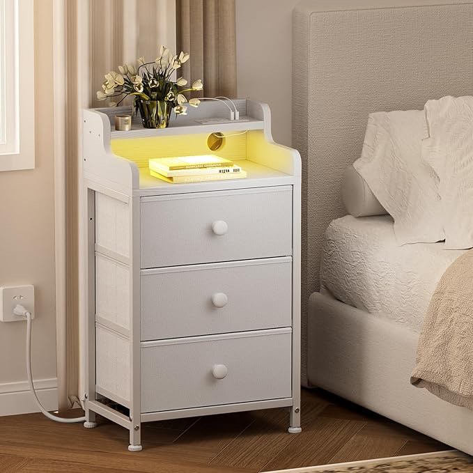 REAHOME Nightstand with Charging Station, Tall White Night Stand with 3 Drawers and 2-Tier Shelf, Bedside Table with Sturdy Steel Frame Wood Top for Bedroom, Living Room, Hallway-White