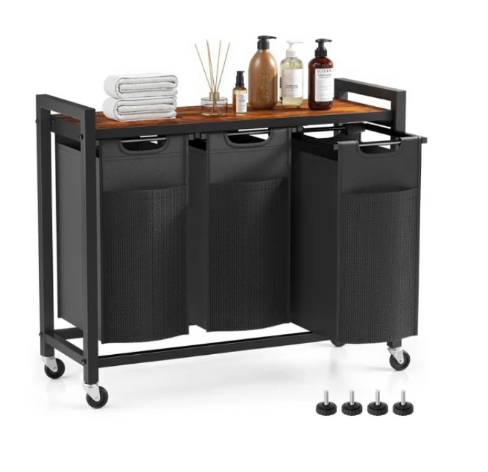 edx Laundry Hamper with 3 Pull-Out Removable Laundry Bags Clothing Sorter with Shelf and Wheels(Adjustable feet)  3 x 8.6 Gallons (32.5 Liters) for Laundry Rooms  Bathrooms and Dorms