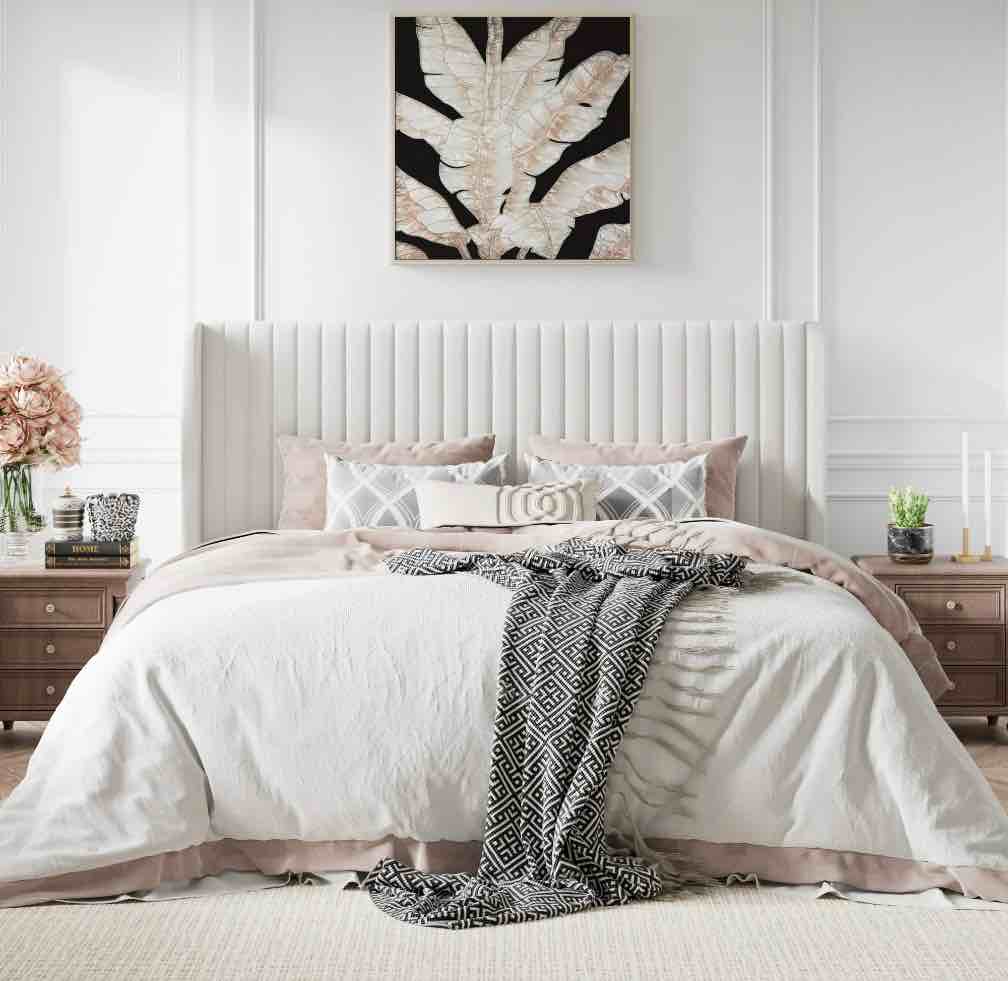 Amolife King Size Velvet Upholstered Bed with Wingback Headboard, Off-white