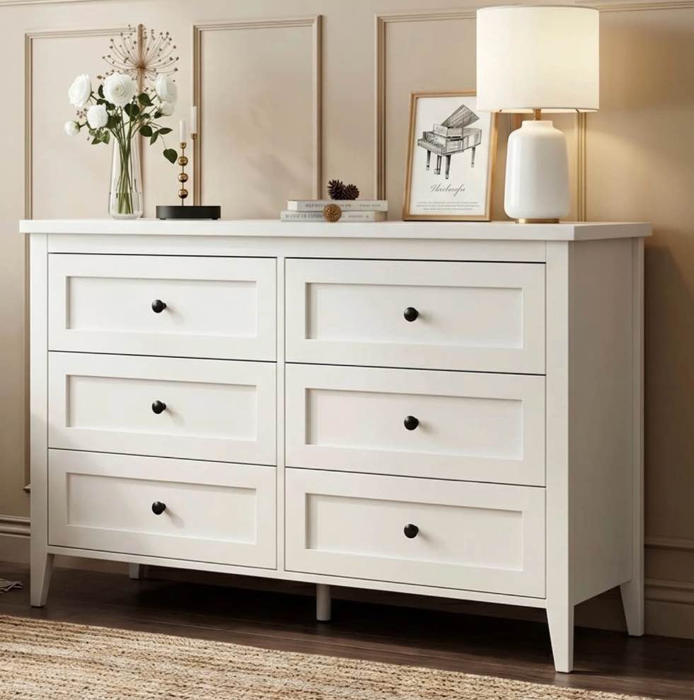 RichYa 6 Drawer Dresser for Bedroom,Chest of Drawers with Metal Knobs,Dresser for Closet,Kids,White
