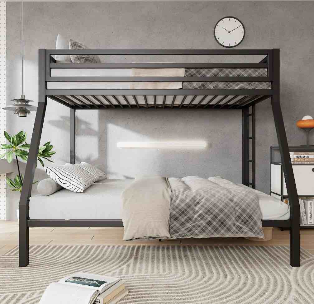 Amolife Twin over Full Size Metal Bunk Bed with Removable Ladder  Full-Length Guardrail  Black