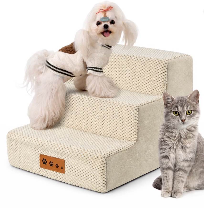 MOONORAH Dog Stairs for Small Dogs 13.8"H, 3-Step Dog Steps for High Bed,Pet Steps for Small Dogs and Cats,Dog Stairs Ramp for High Density Foam,Beige