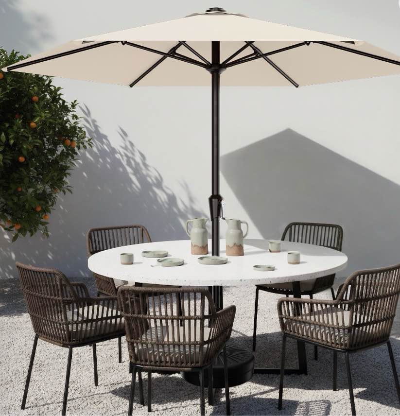 Easthome 9ft Patio Umbrella with Crank Lift System & 6 Sturdy Ribs Waterproof, Patio Table Umbrella Perfect for Poolside, Terrace, Beach and Outdoor Restaurant, white