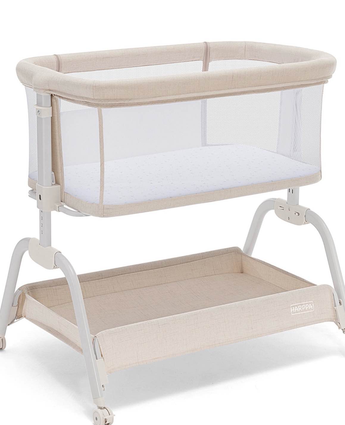 HARPPA Baby Bassinet, 6 Height Adjustable Baby Bassinet with Storage & Wheels for Infants, Beige