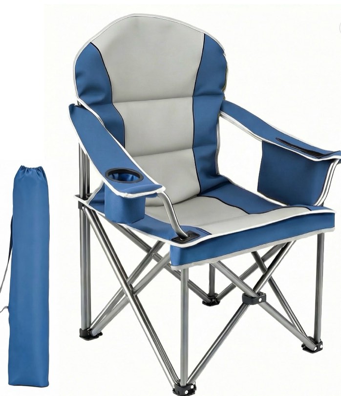 EDX Heavy Duty Camping Chair 500 lb Capacity, Oversized Extra Wide for Adults, Padded High Back Folding Lawn Chair, 500 lbs Steel Frame, Portable Outdoor Camping Chair with Cup Holder, Blue Gray
