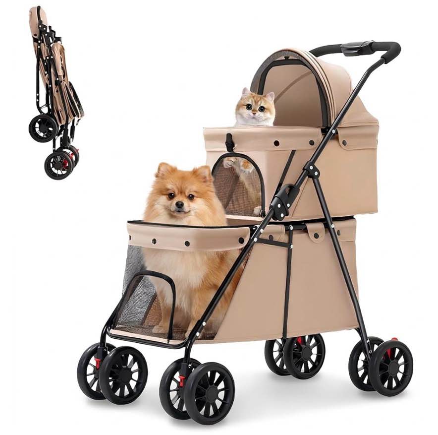 KFeng Double Layer Pet Stroller, Foldable Portable Medium Small Cat & Dog Carrier, Breathable Mesh Window, Stable Lightweight 4-Wheel Pet Stroller(Khaki)