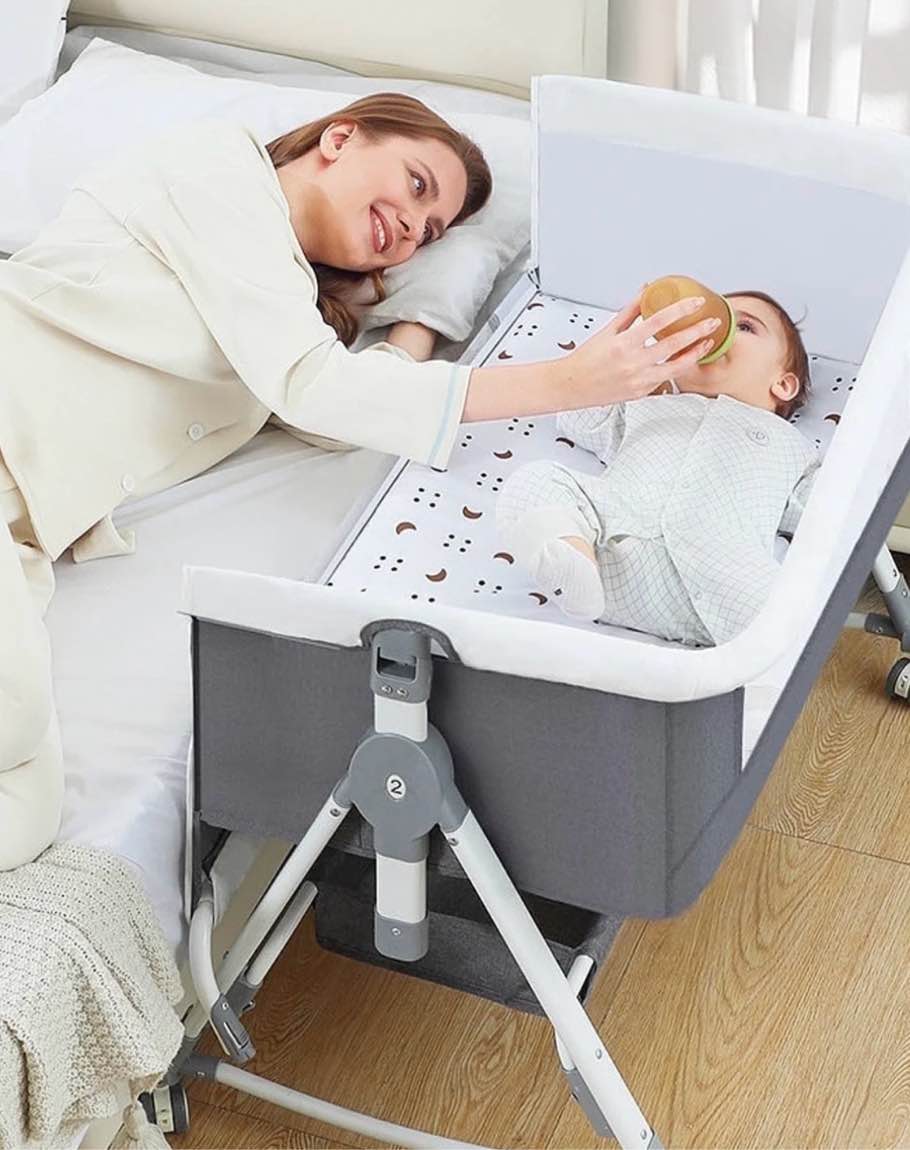 FACNOATIHN Baby Bassinet, 5-in-1 Infant Bedside Crib with Changing Table and Locked Wheel, Adjustable Height, for 0-24 Months, Gray