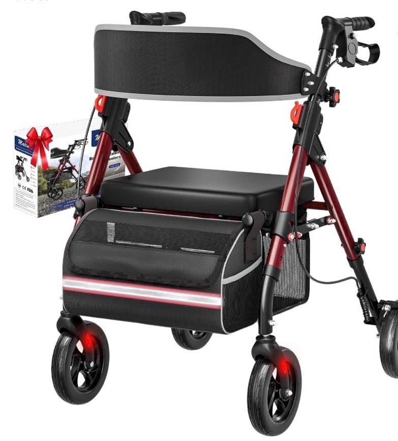 Elderly Walker, Equipped with Dual Brakes and Storage Basket, with Seat, Carrying Capacity of 350 Pounds, with 8-inch large Wheels, Roller Walker