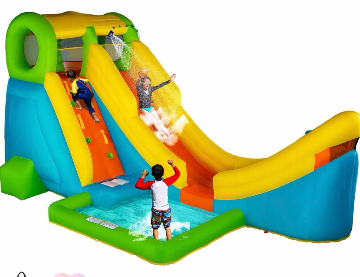 Sportspower Half Pipe Inflatable Water Slide Bounce House with Basketball Hoop  Kids Backyard Outdoor Play Water Park Bouncer with Splash Pool & Blower  Heavy Duty  Ages 3–12