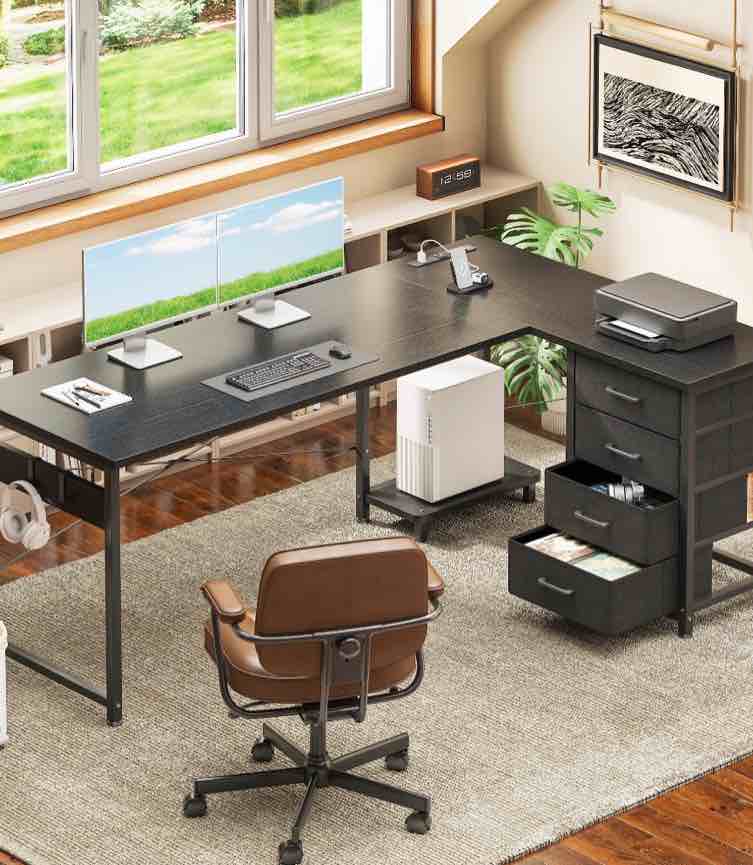 casacomoda l shaped computer desk with charging station , 61 inch pc table study desk 4 tier drawers, modern simple style laptop desk for bedroom, black