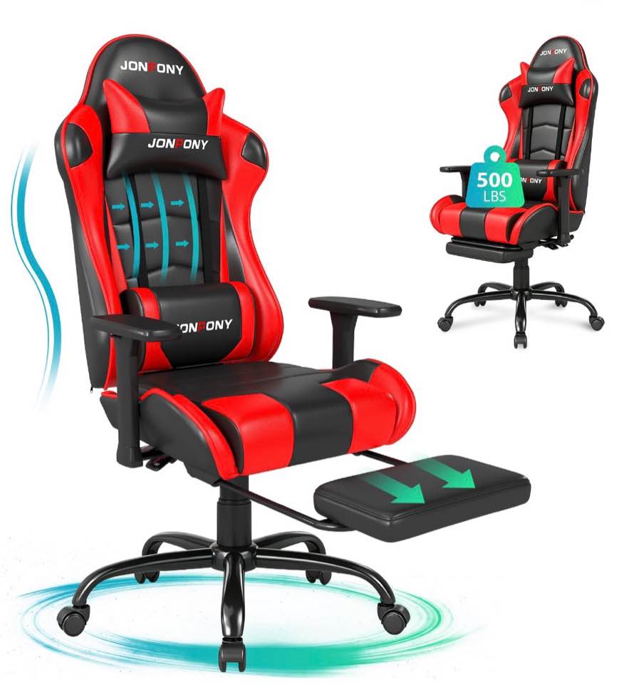jonpony big and tall 500lbs gaming chair, 3d armrests gamer chair pu leather with footrest and lumbar support, ergonomic design, high back game chair support long sitting, red computer chair