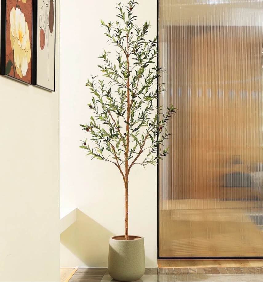 dr.planzen 7ft artificial olive tree indoor, tall faux olive tree, artificial plants with natural wood trunk and lifelike fruits for home office decor
