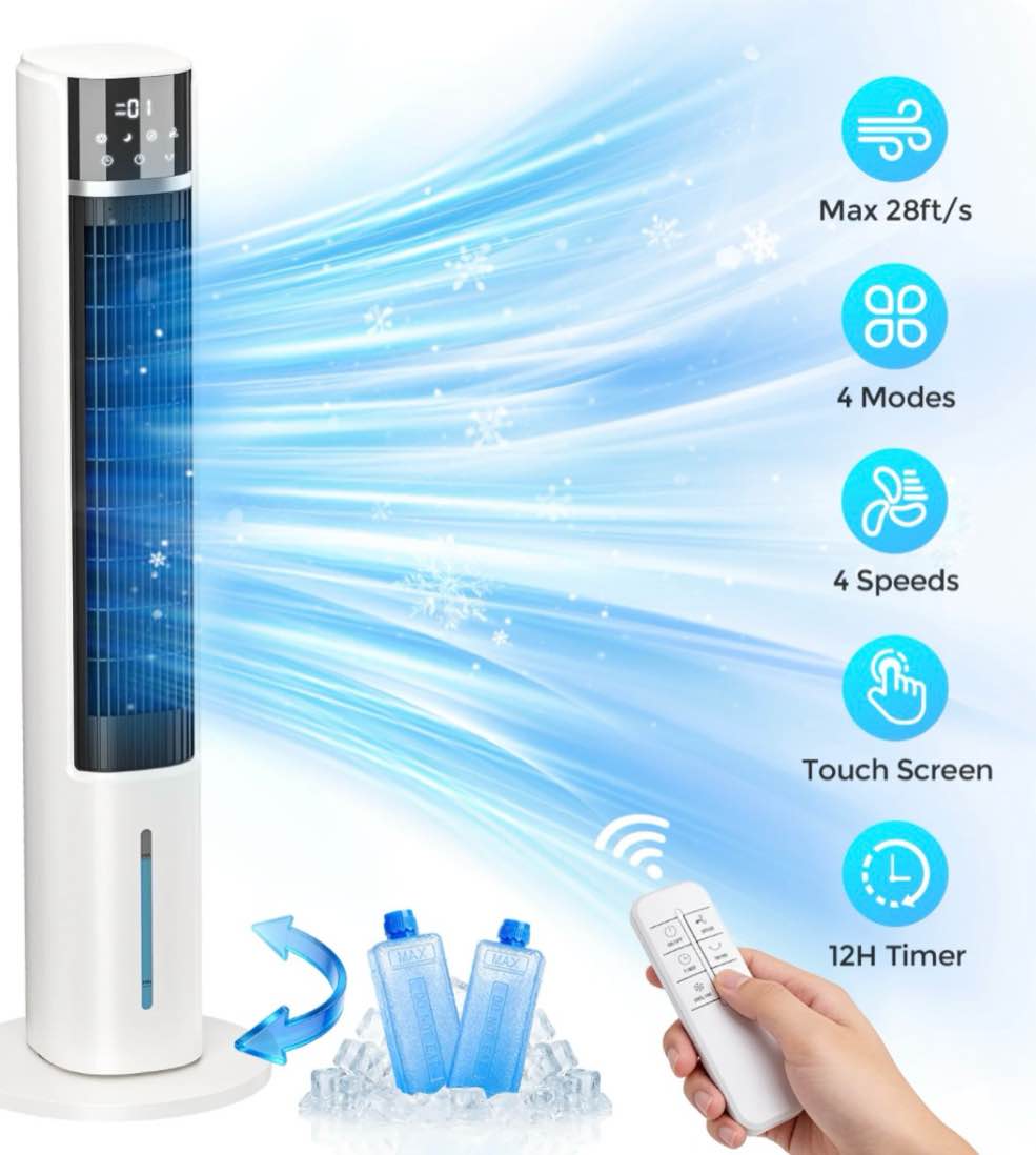 evaporative air cooler tower fan for home bedroom  40  floor standing cooling fans 90° oscillating 4 modes & 4 speeds 12h timer 2 ice crystal boxes