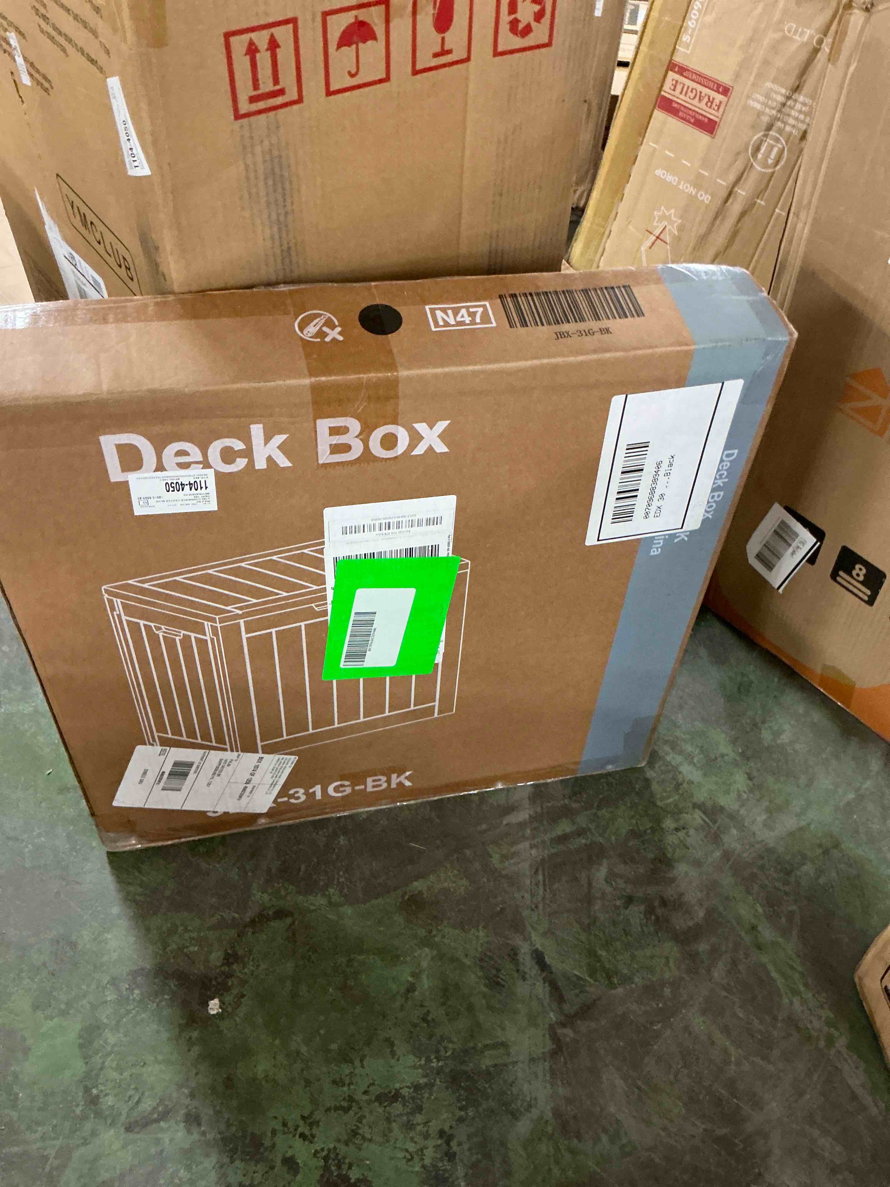 Condition photo showing New/Like New for edx 30 gallon deck box  outdoor storage box  waterproof resin storage bin for package delivery  patio cushions  gardening tools  lockable  uv resistant  black