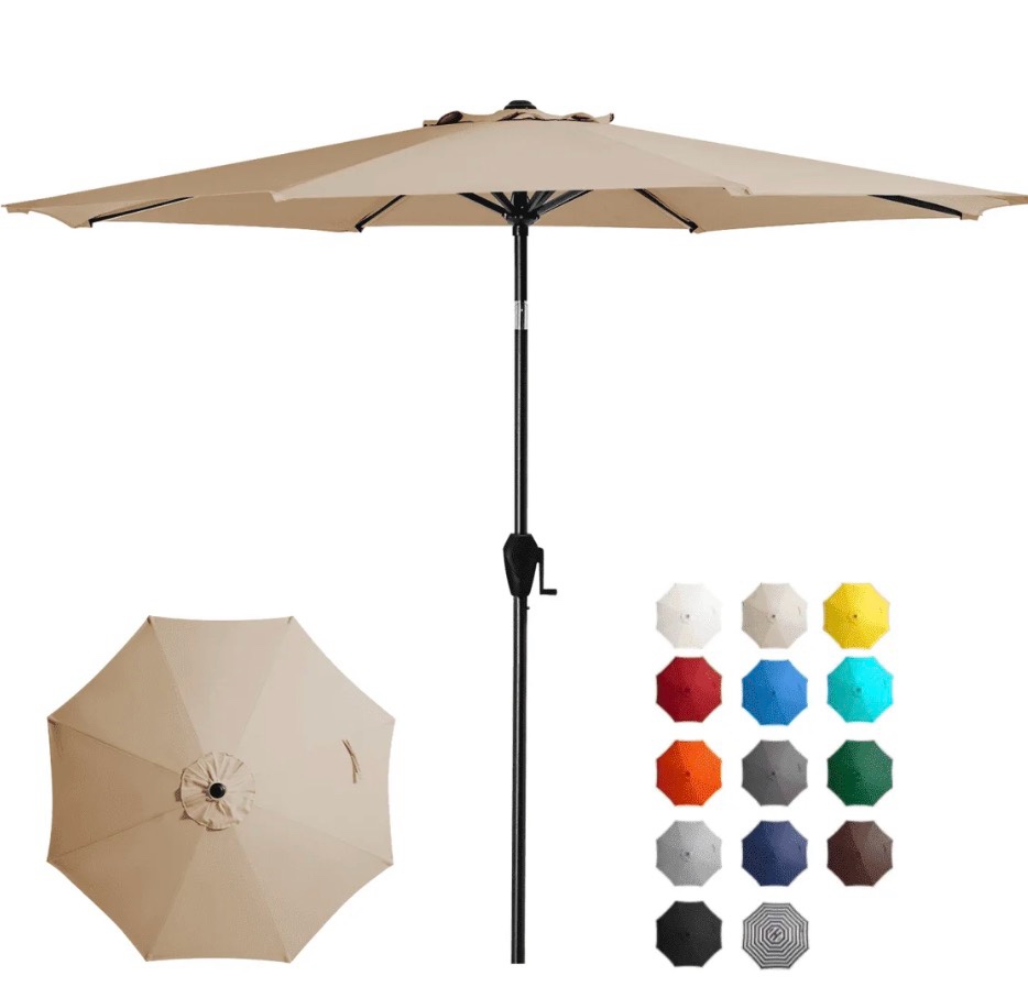 fundaze 10ft market patio umbrella with push-button tilt and crank elevator, uv-shield canopy ideal for backyard, poolside, deck & patio dining, beige