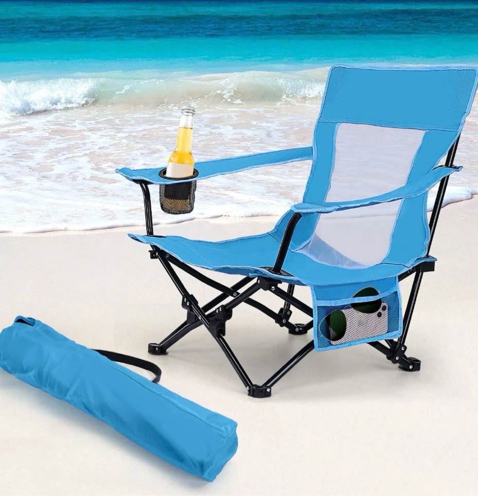 coliware folding backpack beach chair, blue compact lightweight camping chair with carry bag cup holder, outdoor reclining low-profile travel chair for adults, heavy-duty