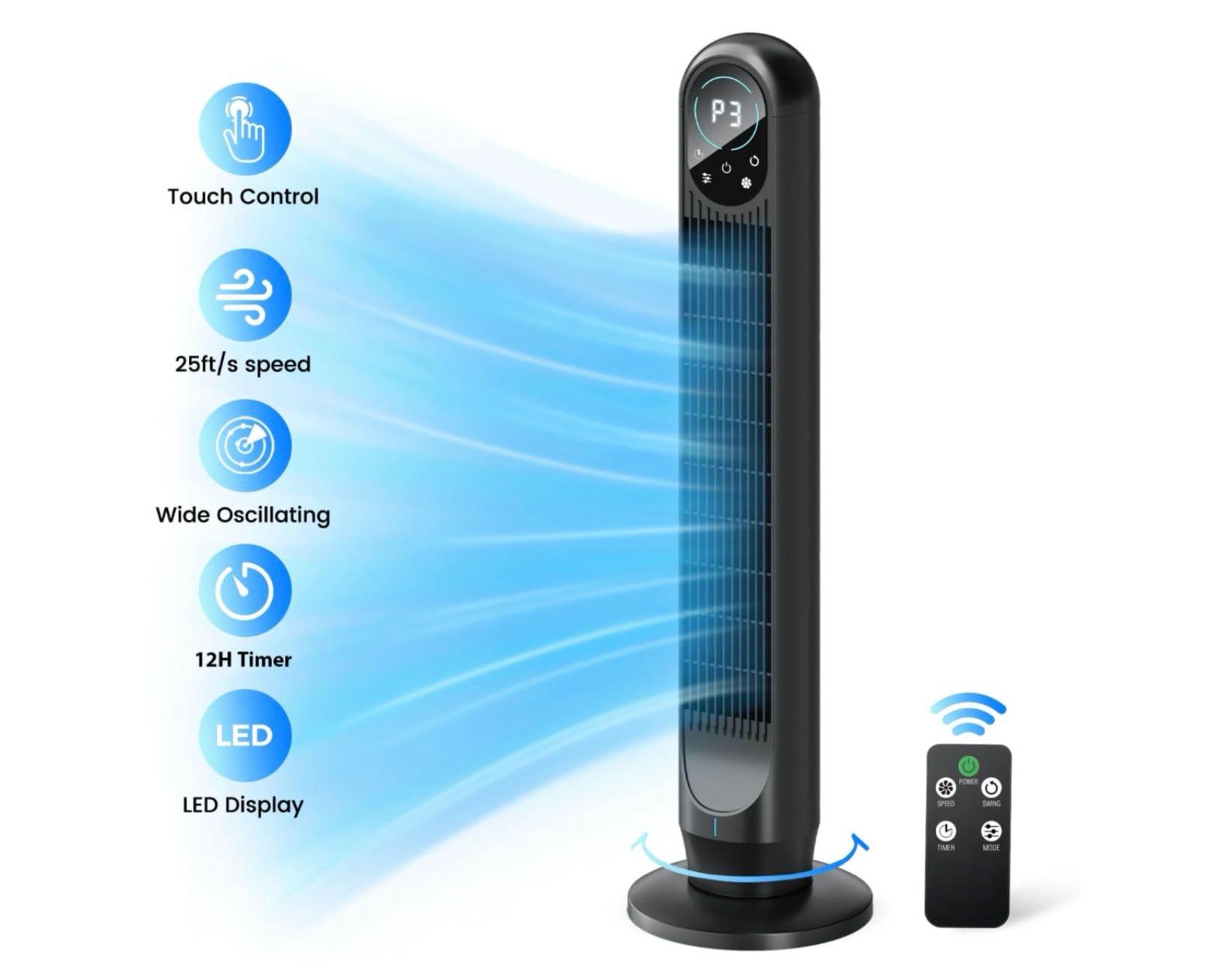 tower fan for home with remote  31  bladeless floor fans for home  4 modes & 4 speeds  12h timer  led display  wide oscillating wide cooling for bedroom  office