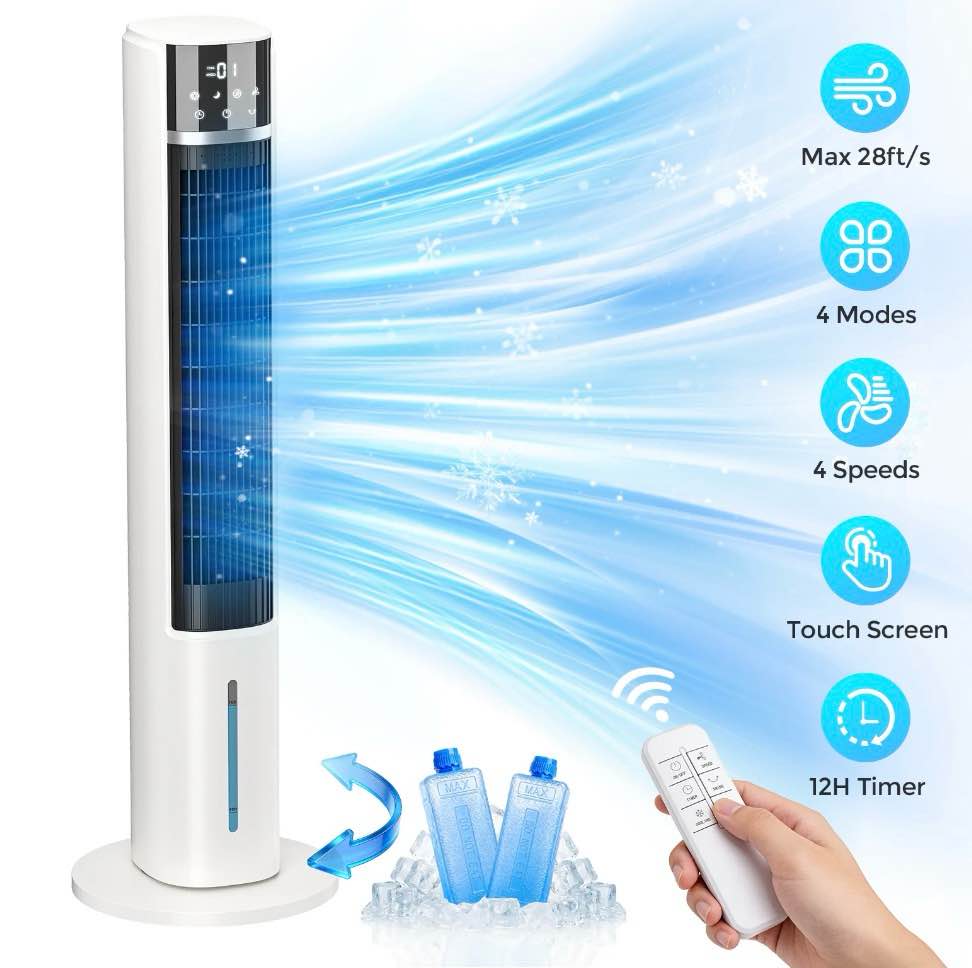 evaporative air cooler tower fan for home bedroom  40  floor standing cooling fans 90° oscillating 4 modes & 4 speeds 12h timer 2 ice crystal boxes