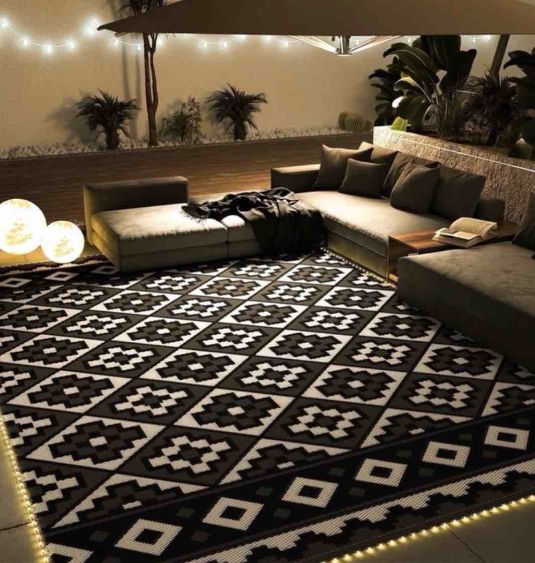 sixhome outdoor rug with led strip light 9 x12 waterproof reversible patio rug modern lightweight plastic straw indoor outdoor rug for rv camping deck balcony porch boho patio decor light gray