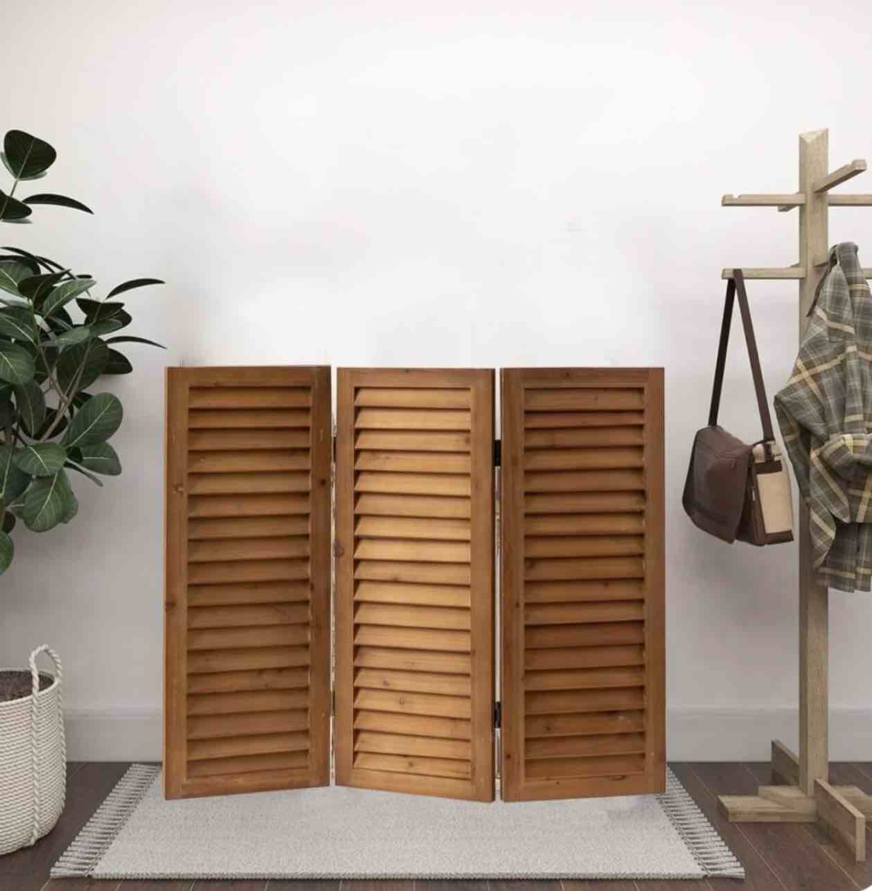 sofe wood short privacy screen indoor 2.6 ft tall shutters folding room dividers 3 panel brown room partitions and dividers freestanding farmhouse foldable wall for home bedroom office