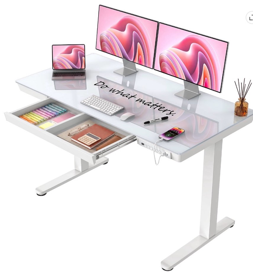 chitooma glass top electric standing desk with drawer, 48'' x 24'' electric height adjustable desk with usb charging ports, sit stand up for home office