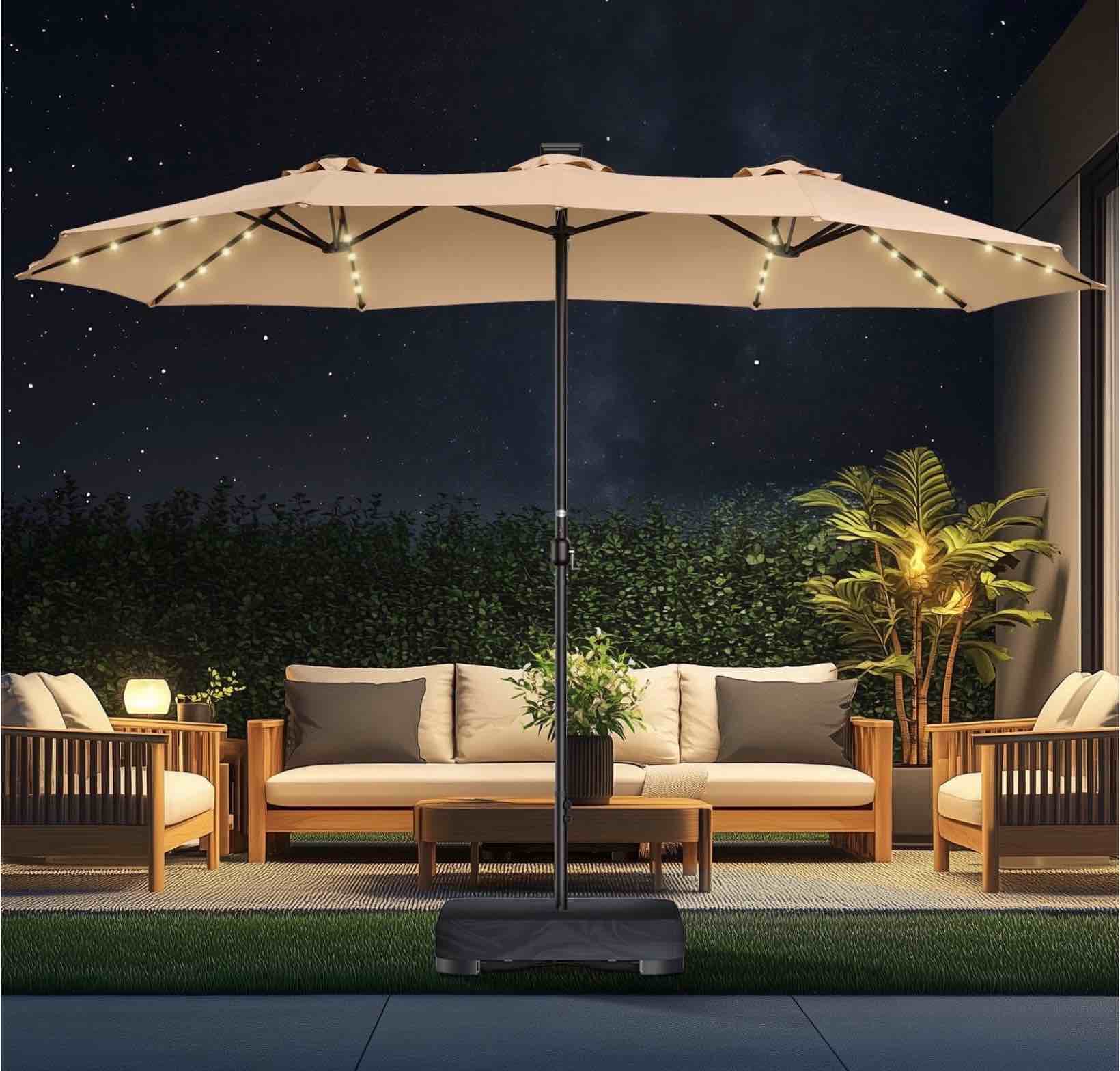 patbrela 15ft patio umbrella with light and base, double sided large rectangular outdoor umbrella with crank handle, for garden, yard, poolside and outdoor activities, beige