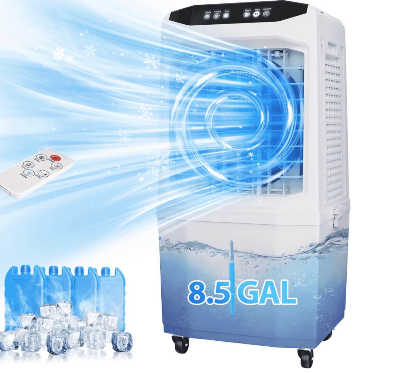 cooler fan 90° auto swing air cooling fan 7 gal water tank for 30h cooling 3 modes & 3 speeds 12h timer