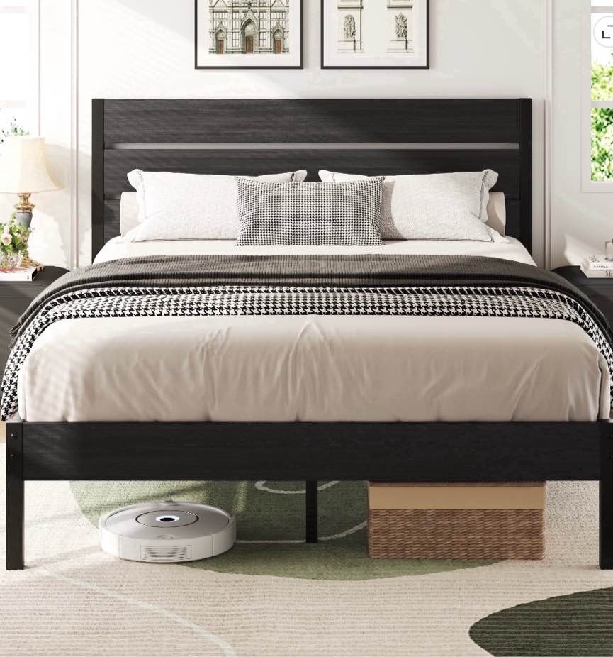 lifezone queen bed frame with rustic vintage wood headboard and footboard,metal support,grey