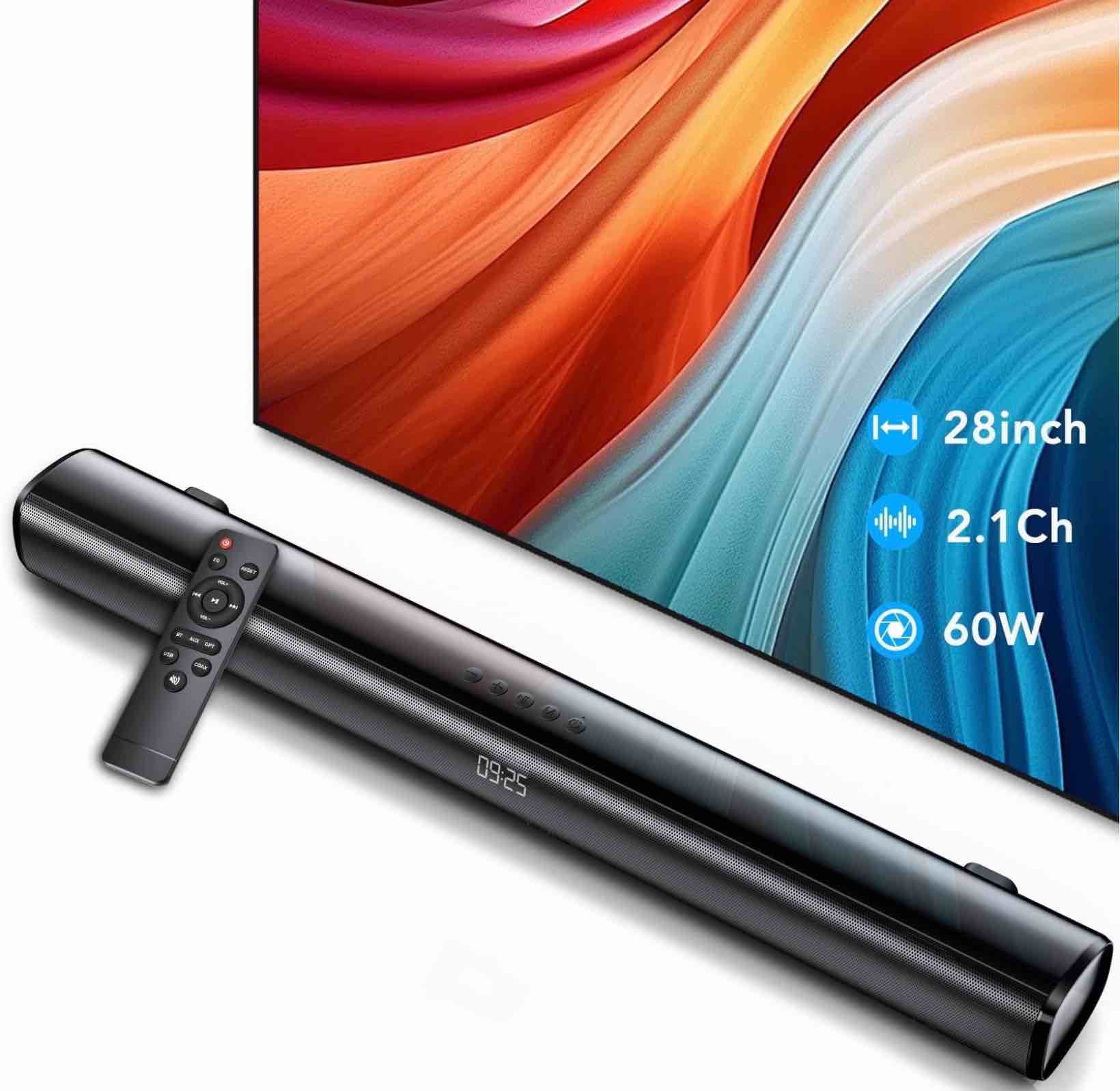 sound bar for tv, 60w soundbar tv speakers, 2.1 ch home theater with subwoofer boost, 3 equalizer modes, soundbar for tv/pc/gaming/projectors, bluetooth, opt, cox, usb & aux wall mountable