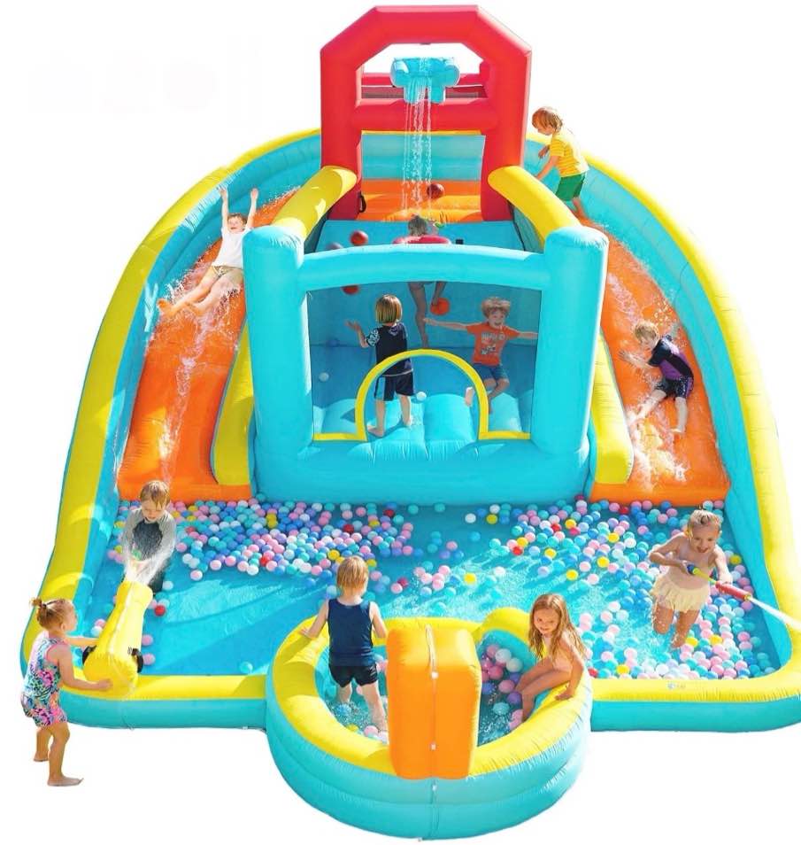 Patbrela 9 in 1 Large Inflatable Water Slide Bounce House  211  x 104  x 143  With 750w Blower 2 Water Slides  2 Water Blasters Double Blow up Splash Deep Pool Basketball Hoop Water Canon