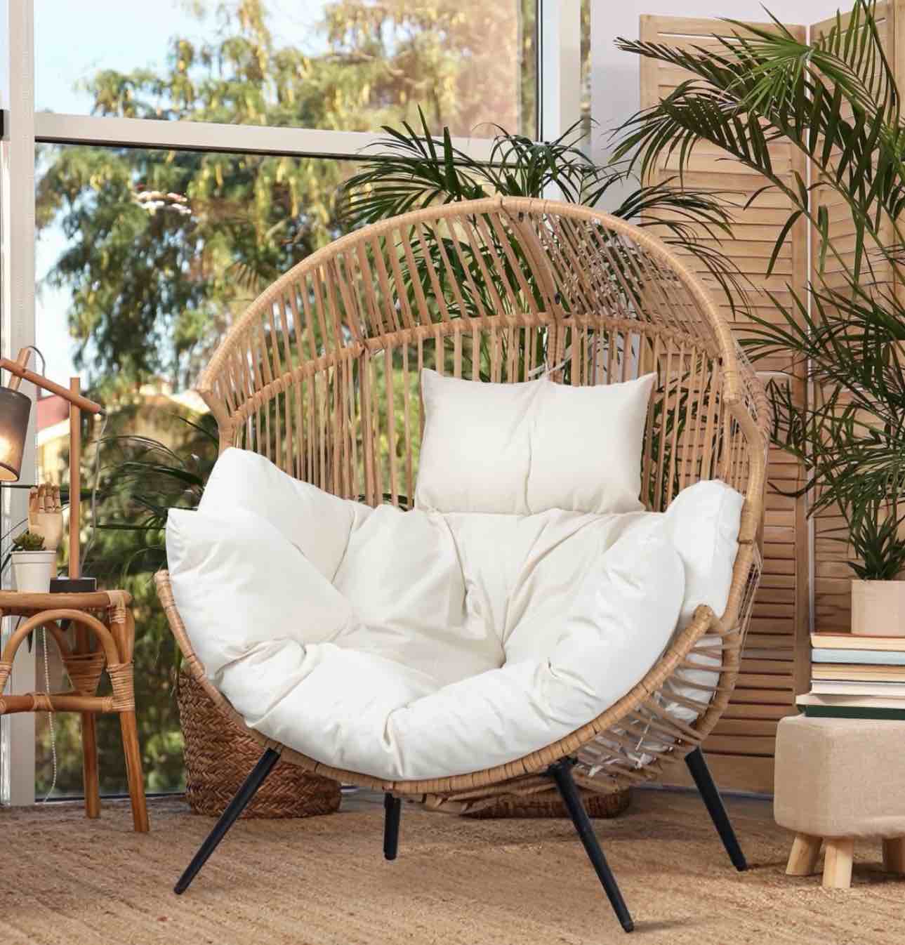 Walsunny Egg Chairs Outdoor Patio Wicker Oversized Egg Shell Lounger Lawn Chair with Cushion for Indoor Outside Porch Balcony Backyard  Original Wood Color Rattan Beige Cushion