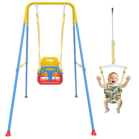 G TALECO GEAR Foldable Toddler Swing with Soft Cushion 2 in 1 Swing Sets for Backyard Blue